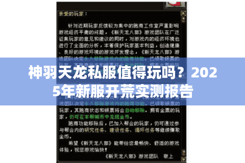 神羽天龙私服值得玩吗？2025年新服开荒实测报告