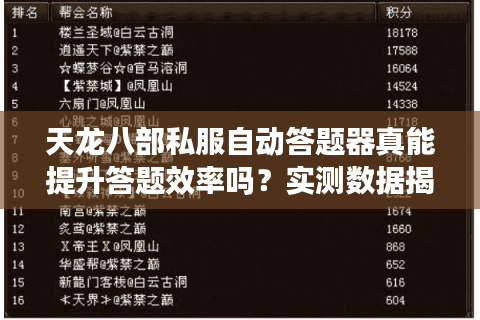 天龙八部私服自动答题器真能提升答题效率吗?实测数据揭秘 天龙八部私服自动答题器真能提升答题效率吗?实测数据揭秘